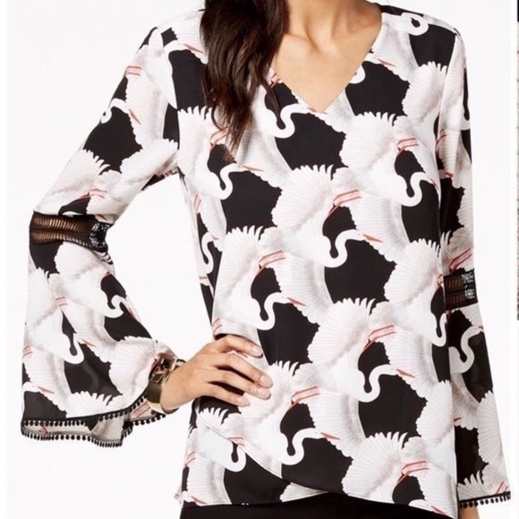 BIRDS! Alfani Top Cranes Black and White Great Heron Crane Print Blouse size XL - Picture 1 of 7